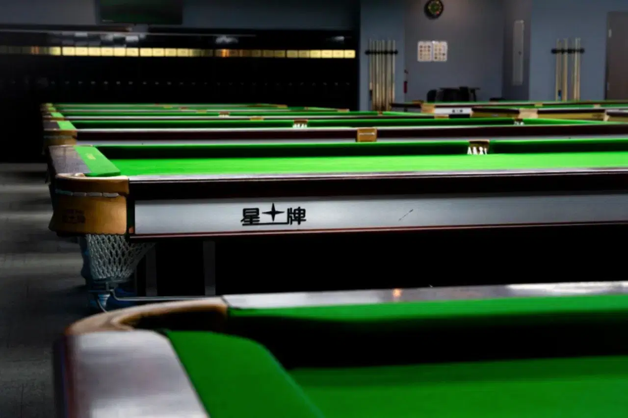 Tournament table detail at iCUE Billiard Club
